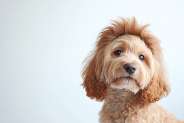 Canvas Print - A brown dog with a long coat sitting on a table, perfect for lifestyle or pet-themed illustrations