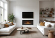 © Malik Arslan Koria - White corner sofa near fireplace. Scandinavian home interior design of modern living room.