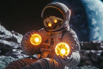 Wall Mural - an astronaut holds two glowing orbs, possibly for propulsion or energy purposes