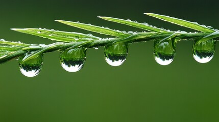 Wall Mural - a lush green plant adorned with droplets of water dangling from its emerald leaves against a deep gr