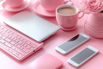 Canvas Print - A pink table with a laptop computer and a cup of coffee, perfect for a home office or study space