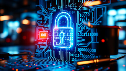 A glowing digital padlock surrounded by binary code and circuit lines, symbolizing secure data in a high-tech virtual environment