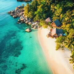 Wall Mural - Aerial view of a beach with a small hut on the shore, ideal for a seaside retreat or summer vacation