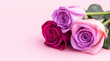 Sticker - Three beautiful roses in varying shades of pink and purple, arranged against a soft pink background, creating a serene and elegant floral composition.