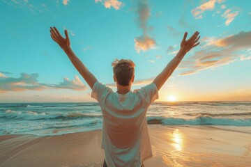 Man celebrates success at beach  travel and mental health.