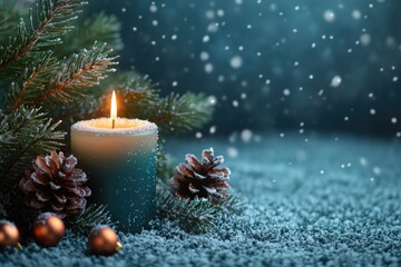 Wall Mural - A single lit candle sits atop a snowy ground, providing warmth and light in the winter landscape