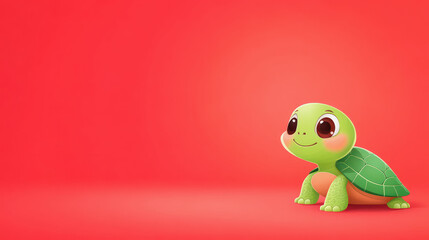 Wall Mural - Cute turtle illustration with a bright smile against a vibrant red background