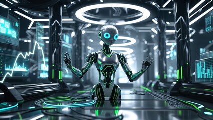 A Sleek Silver Humanoid Robot with Glowing Eyes and Advanced Features, Embodying the Future of Robotics with a Smooth, Futuristic Design and Cutting-Edge Technology in a High-Tech Setting