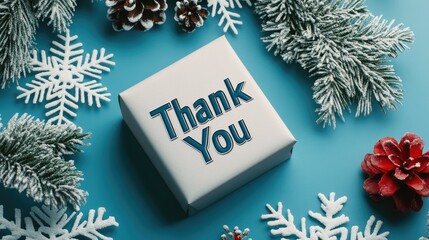 A beautifully wrapped thank you gift sits at the center, surrounded by pinecones, snowflakes, and faux winter greenery, evoking a warm and festive sentiment