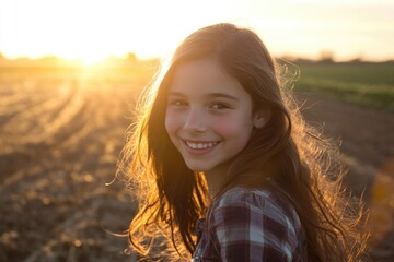 Poster - A happy child enjoying the beauty of nature at sunset