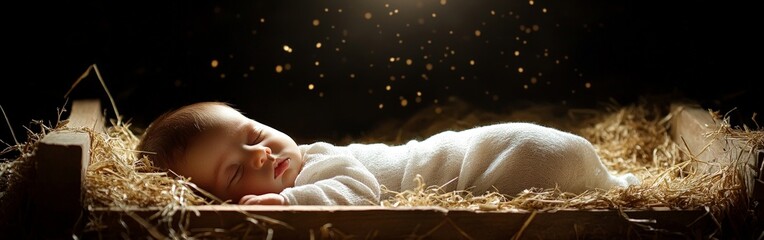 A newborn baby in a manger under a glowing light, symbolizing the nativity story. Ideal for religious, Christmas, and festive themes, bringing warmth, hope, and spirituality.