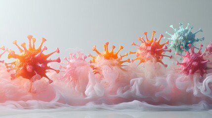 Poster - closeup of hmpv particles with vibrant semitransparent spikes floating in misty bioluminescent environment resembling microscopic world