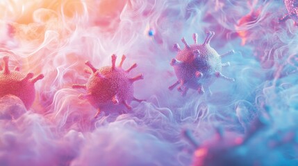 Poster - closeup of hmpv particles with vibrant semitransparent spikes floating in misty bioluminescent environment resembling microscopic world