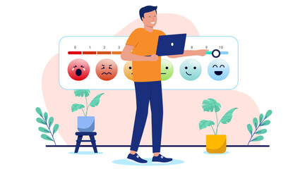 Poster - Customer satisfaction - Man person in looking at company ratings and feedback showing top rating and satisfied users and customers. Flat design vector illustration with white background