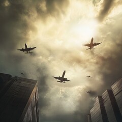 Wall Mural - aerial vehicles soaring through thick clouds