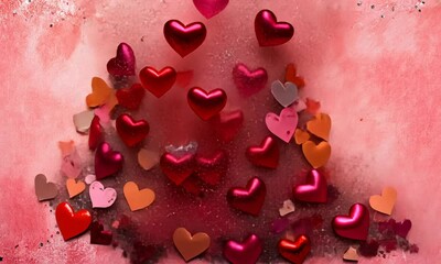 Wall Mural - red and pink heart shapes with glitter and confetti scattered on a pink background.