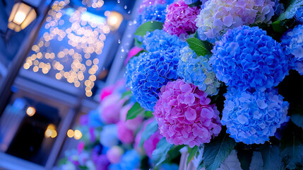 Poster - A vibrant display of hydrangeas in shades of blue and pink, illuminated softly by twinkling lights in a charming setting.