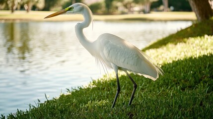 Wall Mural - A single white bird perches on the edge of a verdant meadow, its feathers glistening in the sunlight