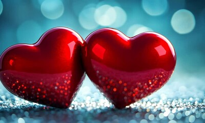 Wall Mural - red hearts background, valentine day greeting card. lights bokeh background. love concept