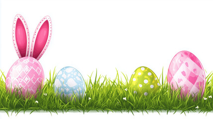 Illustration of an Easter egg border with rabbit ears on grass, isolated on a white background. Banner for design and decoration, or as a greeting card template. Happy easter background, mockup, templ