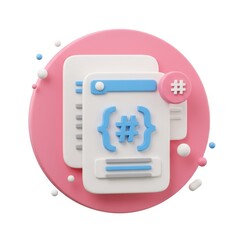 A 3D illustration of coding sheets featuring blue curly braces, tags and a hashtag symbol isolated on a white background