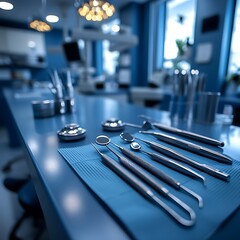 Wall Mural - Scene of  dental tools for a procedure in a bright stateoftheart dental room The tools should be sterilized and neatly arranged