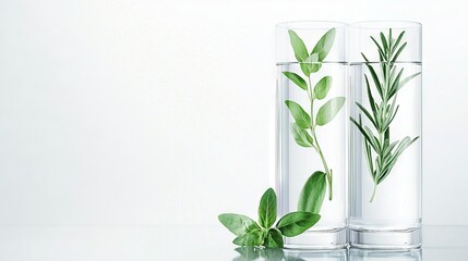 Wall Mural -   Two vases with greenery on a shiny countertop against a white backdrop