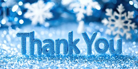 A vibrant thank you banner sparkles in shades of blue, surrounded by winter-themed decorations like snowflakes, celebrating appreciation during the festive season