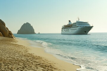 Wall Mural - A cruise ship sailing on the ocean near a sandy beach, suitable for travel and tourism use