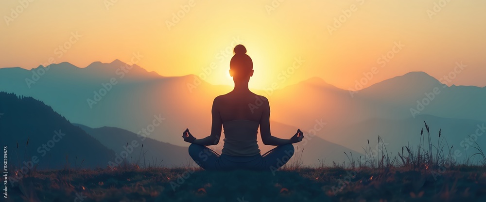 Silhouette of a woman meditating at sunrise in the mountains. A ...