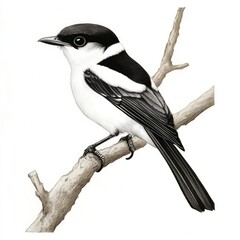 Wall Mural - A black and white bird sits comfortably on a branch, showcasing its feathers and posture