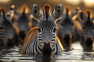 Wall Mural - Group of zebras standing in a body of water, great for wildlife or nature scene illustration