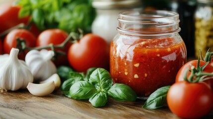 Wall Mural - Homemade tomato sauce in a rustic kitchen with fresh ingredients and natural light