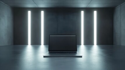 Modern laptop in a high-tech data center environment.