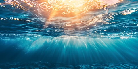 a underwater view of a blue ocean with a sunburst in the water
