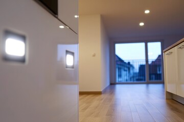 Wall Mural - A modern kitchen with a wooden floor and white cabinets