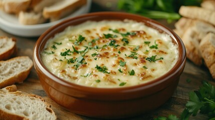 Wall Mural - Delightful bowl of French onion soup with melted cheese and toasted bread on a rustic wooden table