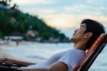 Wall Mural - A person relaxing on a sandy beach, surrounded by calm waters