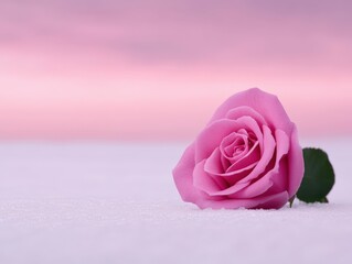 Wall Mural - Pink rose on snowy ground under a pastel sunset sky