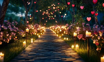 Wall Mural - romantic path lined with heart-shaped flower arrangements, glowing in soft candlelight