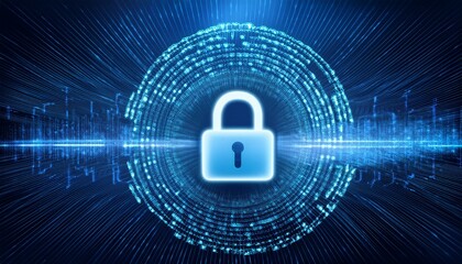 Digital security image with a glowing lock symbol on a background with precise patterns placed to represent encrypted codes