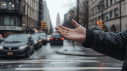 Wall Mural - A lone hand extends into a bustling city street, capturing the essence of everyday urban life amidst the blurring motion of cars and people.