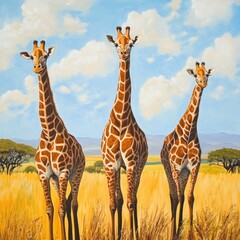 Canvas Print - Three long-necked giraffes grazing in a green meadow