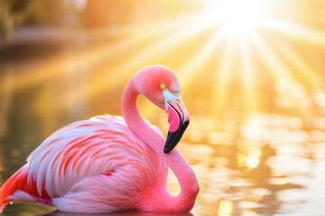 Wall Mural - A flamingo swims in calm water as the sun sets behind, creating a warm and serene atmosphere