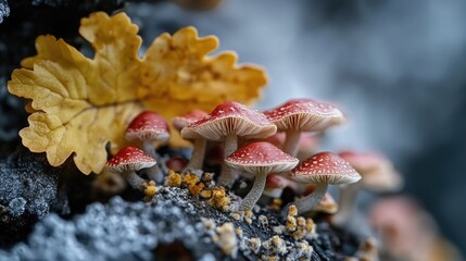 Canvas Print - A cluster of mushrooms growing on top of an old tree stump in a forest