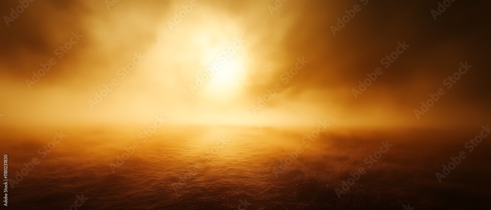 Golden sunset over foggy landscape.