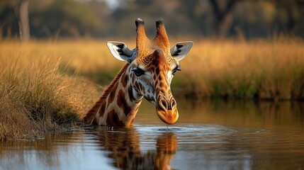 A giraffe standing in a body of water, a unique scene with a large animal in a natural setting