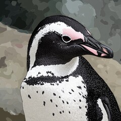 Wall Mural - A close-up image of a penguin with a distinctive pink-colored beak