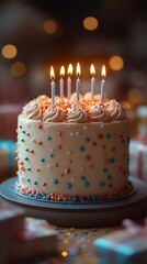 Birthday cake with lit candles and sprinkles.