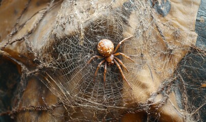 Close up of a net with a spider web on it. The spider web is in the center of the net and is surrounded by the net's strings. The spider web is made of a brown material and he is old and worn